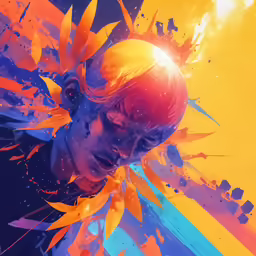 a person is shown looking up at the sky and surrounded by bright colored paint splats