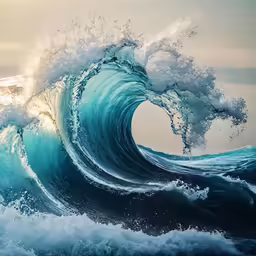 a large, blue wave with the sun shining in