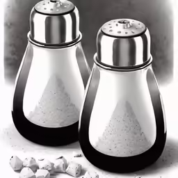 two salt shakers sit on a table