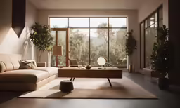 a living room with big windows and some plants
