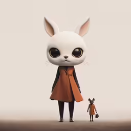 the little bunny and her doll are looking at each other
