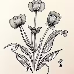 a drawing of some flowers sitting in a vase,a bunch of flowers with leaves drawing on a white background