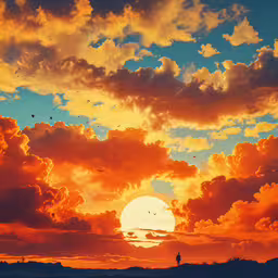 an orange, yellow and blue cloudy sunset with birds flying around,people are standing on the shore while the sun sets