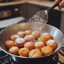someone is grating some small bread rolls in a pan