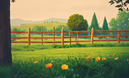 a tree sitting next to a wooden fence,a pasture with grass and flowers in the foreground