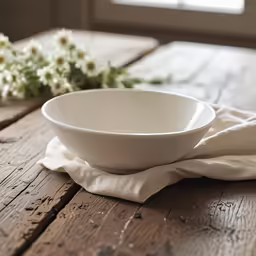 a white bowl on a napkin next to a flower