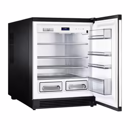 an open refrigerator on a white surface