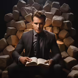 a man in a suit sitting on a rock wall holding an open book