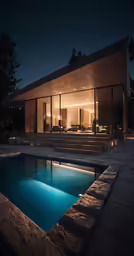 a long swimming pool with illuminated steps to the front