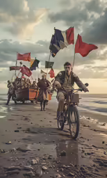 a man riding a bicycle along the beach holding onto some flags