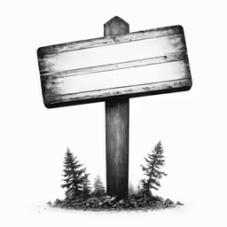 a black and white image of an old wooden sign