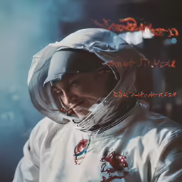 a man in a white jacket with a writing bubble on his face
