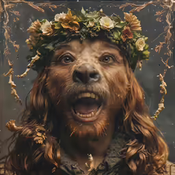 a man with long hair and flowers in his head