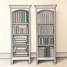 a drawing of a book shelf with a large book,a drawing of a tall bookcase and a smaller shelf,a drawing of two shelves with books,a painting of bookshelves with books in front of them,two bookcases are made from old books