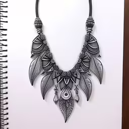 the drawing shows a drawing of a necklace with a feather,a drawing of a necklace on top of a notebook