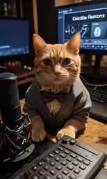 cat with shirt and tie sitting in front of a keyboard and mouse