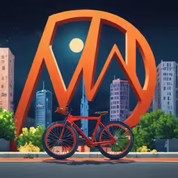 a red bicycle stands in front of the words
