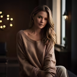 a woman sitting on the floor in a brown sweater