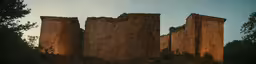 the tree trunks and sides of a stone castle