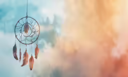 there is an orange and white dream catcher with feathers
