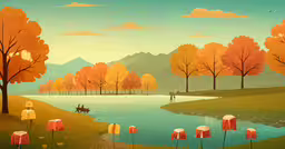 an illustration of an empty lake and many trees,a painting of a river with a bunch of umbrellas on the side