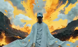 there is a man with a hat on standing in the flames