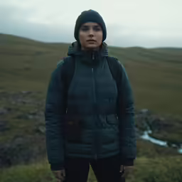 a woman with a hood on standing on a field