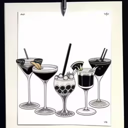 an artwork is hanging on a black wall,three different beverages are displayed in glasses and an ink drawing