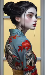 a painting of a woman with black hair wearing blue kimono