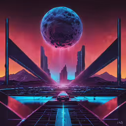 an alien city and spaceship ride are shown in this painting,a futuristic city sits in the distance surrounded by a large, colorful sphere