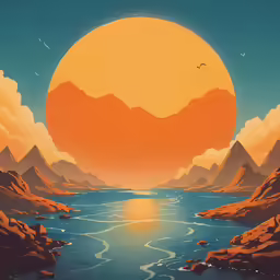 the river is surrounded by mountains and a sunset