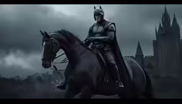 a man in black knight attire on a horse with castle behind him