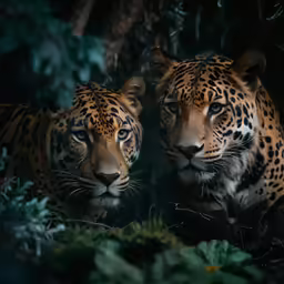 two big cats one is staring at the camera and the other looking at something