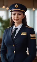 a woman wearing a uniform with golden accents