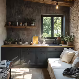 a large kitchen with open shelves next to a window