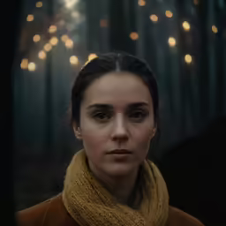 a woman wearing a scarf with a forest background