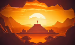 man standing on pyramid overlooking a lake at sunset