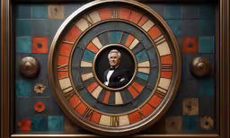 a gold clock with the face of a man wearing a tuxedo