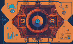electronic and graphic artwork made in blue and orange tones,a photo taken inside of a large computer processor