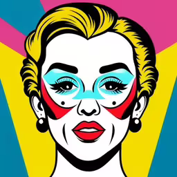 a woman with red, white, and blue eyeliners in front of colorful background,a woman with face paint on