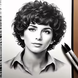 a drawing of an older woman with curly hair