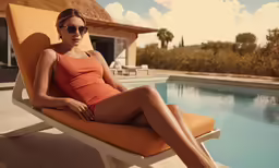 a woman sitting on top of a wooden bench next to a pool