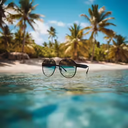 there are palm trees in the background with glasses over water
