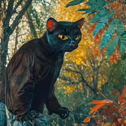 a black cat with yellow eyes sitting in the woods