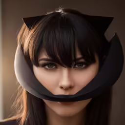 a woman with black cat ears and bangs on her face