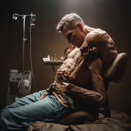 a guy with tattoos on his chest doing a work on a piece of art