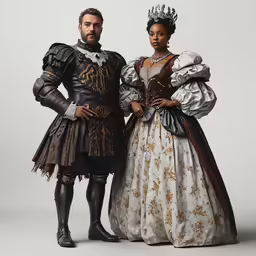 a man and woman in period clothing stand side by side