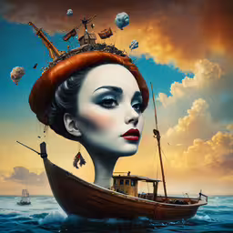 woman sitting on boat, with pirate ship floating around,a lady has red lips on her face and is sitting in a boat on the ocean with balloons
