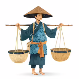 a person holding three baskets on a pole