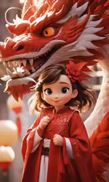 a woman in red standing near a dragon statue